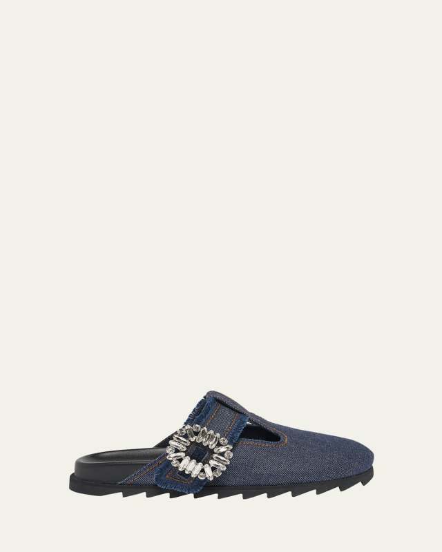 Denim Crystal Buckle T-Strap Mule Clogs